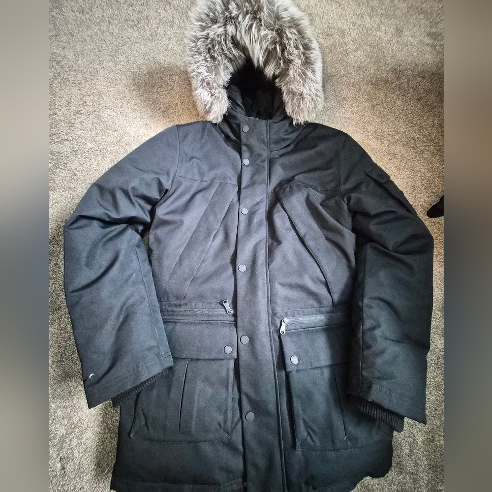 Mens Pajar Black Fur-Trimmed Puffer Jacket